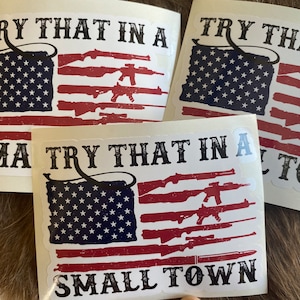 Truck decal/stickers/gifts/vinyl decal/funny sticker/car stickers/try that in a small town/I recommend you don’t/gun flag/American flag