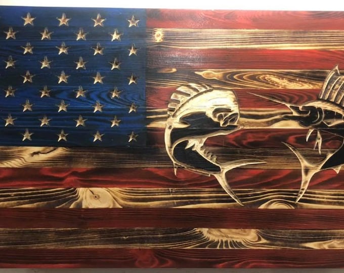 American Flag/swordfish/Fishing/mahi tuna/Wood Flag/Gifts for him/Wall hanging/Flag/Rustic Decor/Home Decor/marlin/deep sea fishing