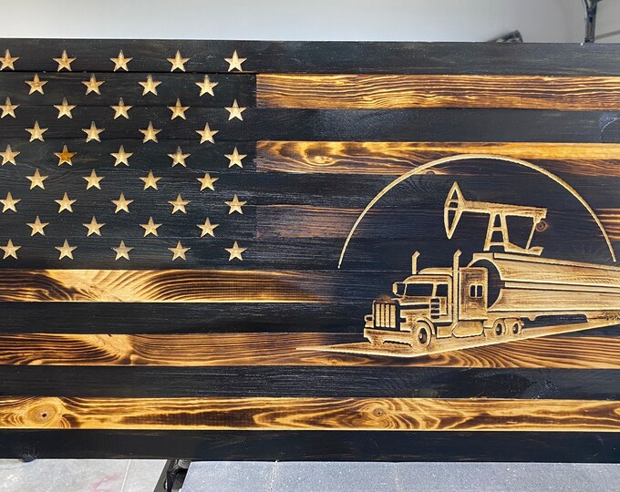 Oilfield/Pumpjack/Gifts/semi/water hauler/Wood Decor/Home Decor/Wall Hanging/ Wooden American Flag