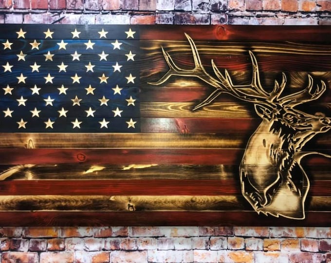 Elk/Wood Flag/Wall Hanging/Wall Decor/Wood Art/Signs/Home Decor/wooden Decor/Rustic Decor/Wildlife/Flag/Patriotic
