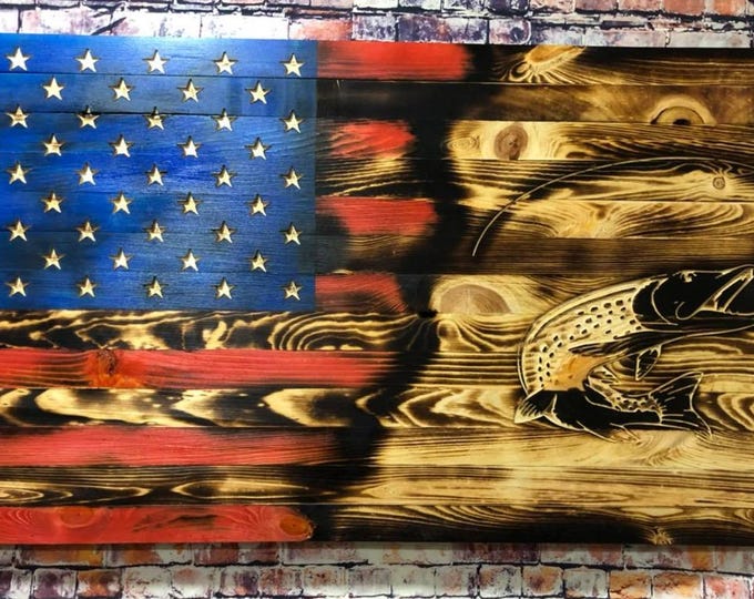 American Flag/Northern Pike/Fishing/Pike/Wood Flag/Gifts for him/Wall hanging/Flag/Rustic Decor/Home Decor/