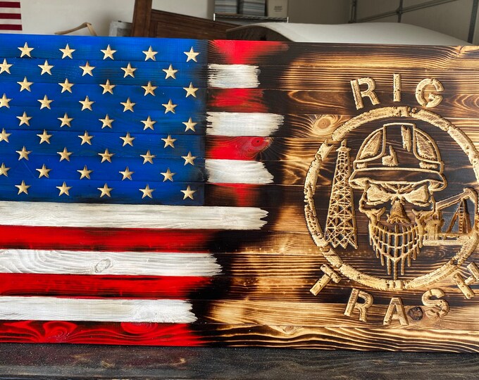 Oilfield/Pumpjack/Gifts/oilfield trash/skull/Decor/Home Decor/oil rig/Wall Hanging/ Wooden American Flag