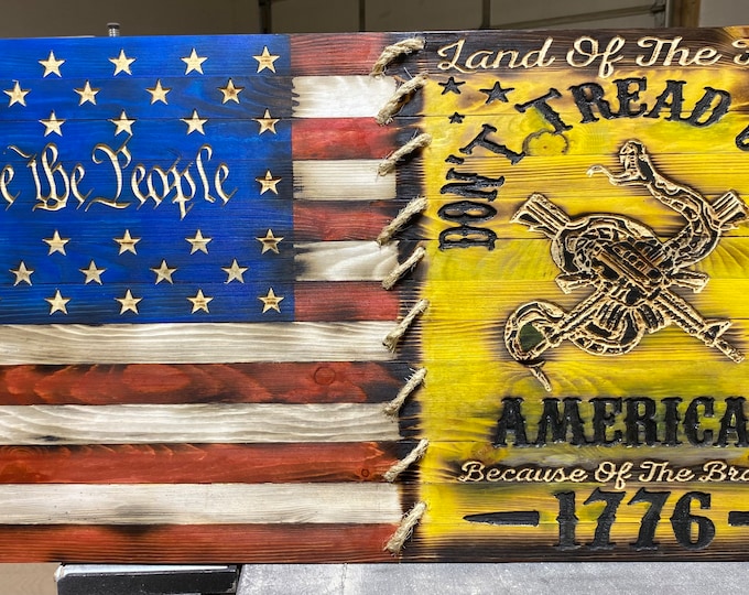 Wood Flag/Don’t tread on me/wall hanging/wood sign/American flag/gifts/mancave/rustic/home decor/patriotic/gifts for him/ar15/we the people