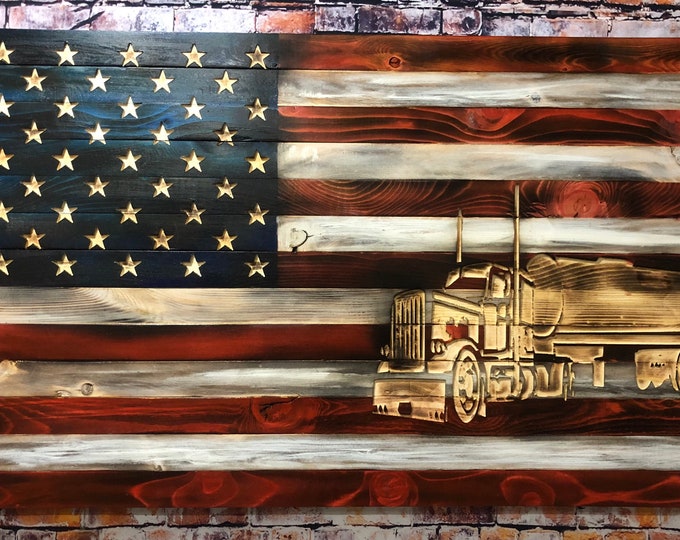 Wood Flag/Semi/man cave/gifts for him/truckin/home decor/wall hanging/wood flag art/American Flag/gifts