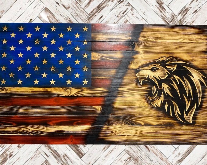 Wood flag/lion/patriotic/American flag/gifts/wood decor/wall hanging/rustic decor/