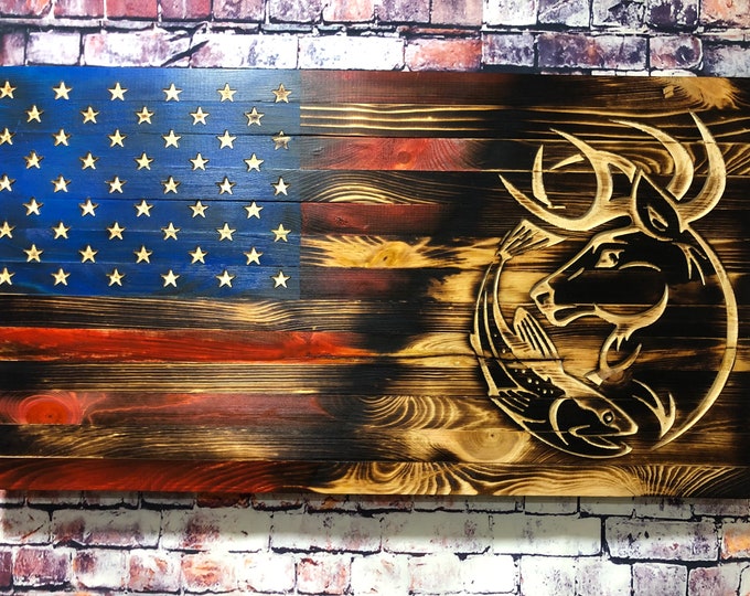 Wood Flag/Hunting/Fishing/man cave/gifts/wall hanging/American Flag/rustic/Home decor/decor