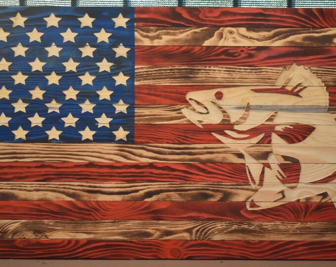 Wood Flag/Fishing/gifts for him/wall hanging/home decor/American Flag/Decor/Walleye/