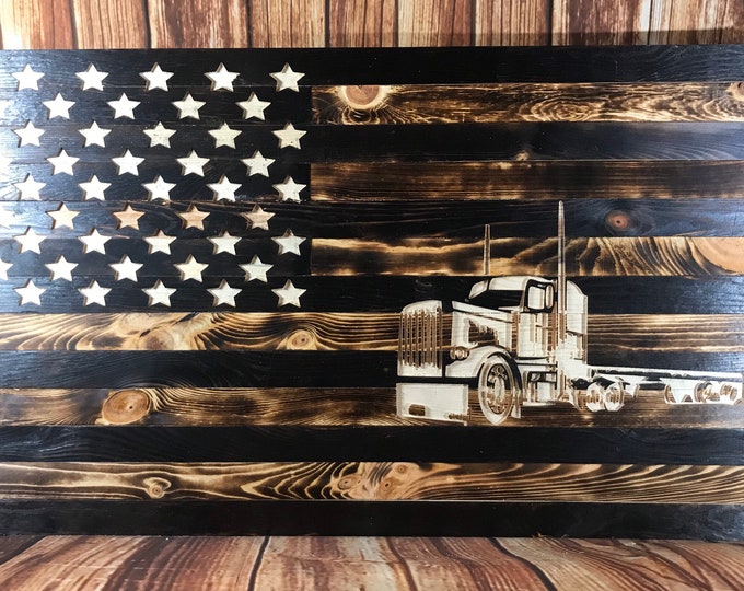 Flatbed Semi/wood flag/wall hanging/wood sign/gifts/American Flag/mancave/wood flag art/semi