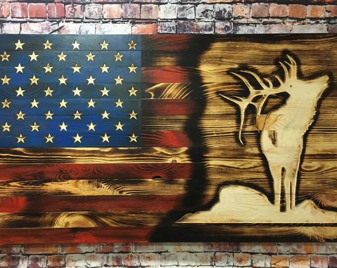 Elk/Wood Flag/Wall Hanging/Wall Decor/Wood Art/Signs/Home Decor/wooden Decor/Rustic Decor/Wildlife/Flag/Patriotic