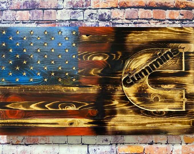 Cummins/wood flag/wall hanging/gifts/gifts for him/home decor/mancave/wood decor/American flag/