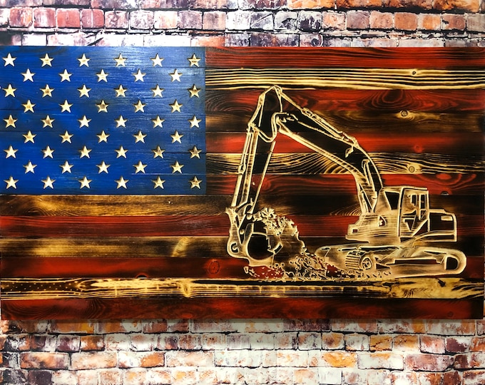 Excavator/Pipeline/Wood Flag/American Flag/Oilfield/Gifts/Construction//Home Decor/Wall Hanging/Wood Art/Wall Decor/Flag