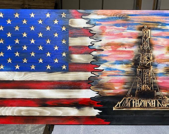 Wood flag/wood sign/oilfield gifts/oilfield/oil rig/gifts for him/American flag/wood art/flag art/home decor/mancave