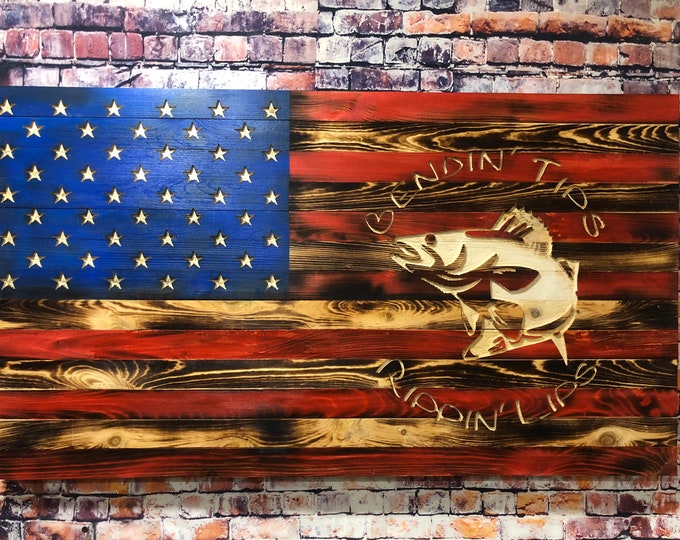 Walleye|Bendin' Tips Rippin' Lips|Wooden American Flag/Home decor/wall hanging/fishing/mancave/wood flag/patriotic/wood sign