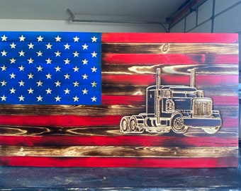 Wood flag/semi truck/trucker/trucker gifts/rustic flag/truckin/wall hanging/mancave/gifts for him/gifts/home decor