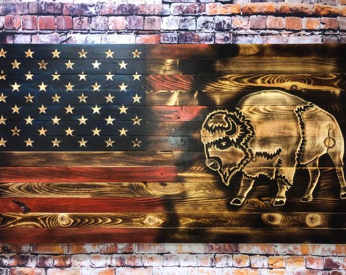 Bison/Buffalo/Wood Art/Wood Flag/American Flag/Home Decor/Rustic/Wall Hanging/Gifts/Wildlife