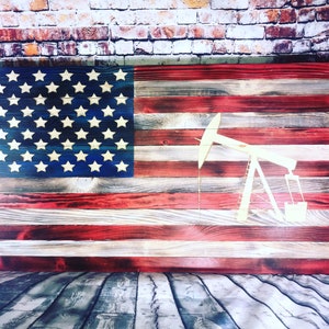 Oilfield/wood flag/Pumpjack/wall hanging/oilfield trash/roughneck/American Flag/home decor/mancave/gifts for him/