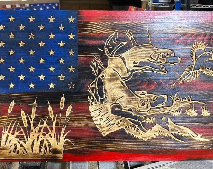 Wood Flag/Wall Hanging/Wood Sign/American Flag/bird Dog/hunting/man cave/Rustic sign/ hunting dogs/gifts/gift for him/pheasant
