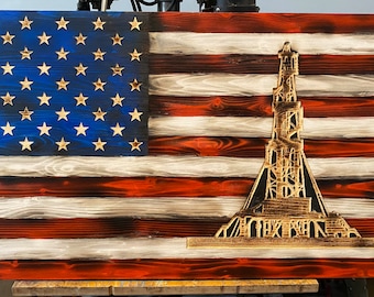 Wood flag/wood sign/oilfield gifts/oilfield/oil rig/gifts for him/American flag/wood art/flag art/home decor/mancave/drill rig