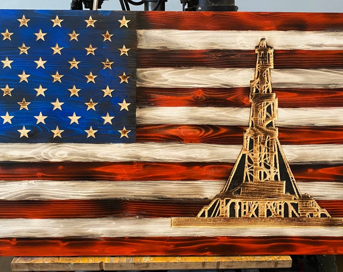 Wood flag/wood sign/oilfield gifts/oilfield/oil rig/gifts for him/American flag/wood art/flag art/home decor/mancave/drill rig