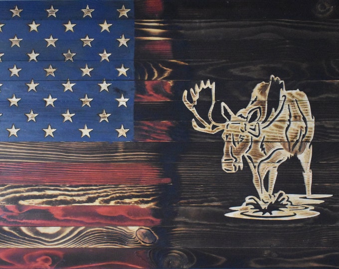 Moose/American Flag/Wood Flag/Rustic Decor/Home Decor/Wall Hanging/Gifts/Gifts for him/Flag