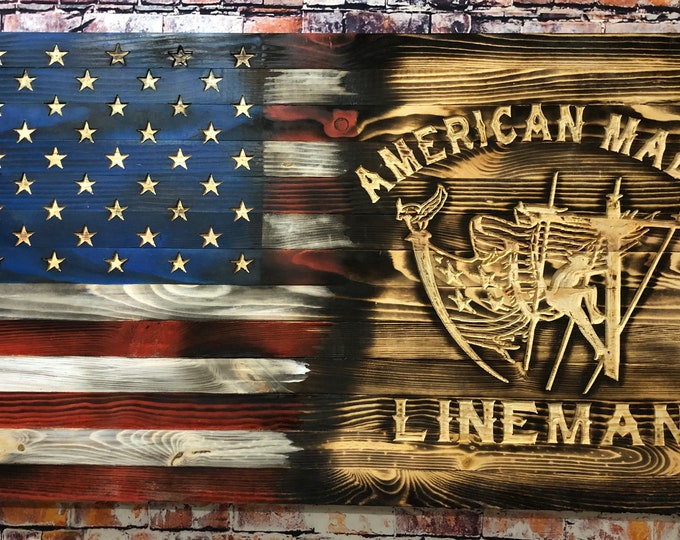 American Made Lineman/Lineman/gifts/Home decor/wall hanging/rustic decor/decor/American Flag/Patriotic/Wood Flag/