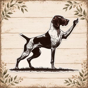 Peut inclure: Un autocollant représentant un braque allemand à poil court marron et blanc dans une posture de pointage classique avec une patte avant levée. Le chien est illustré avec des détails sur un fond en bois clair orné de feuilles.