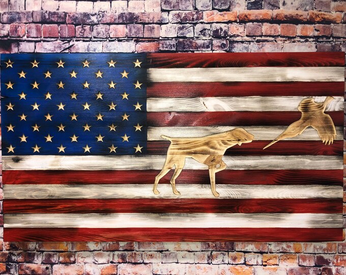 Wood flag/pointer/dog hunting/grouse/bird dog/wood decor/mancave/home decor/gifts for him/American Flag/wall hanging