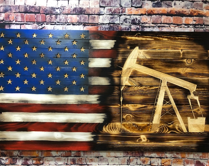 Oilfield/Pumpjack/rustic decor/wood flag/wall hanging/wood sign/wood flag/wall art/home decor/American Flag/oilfield decor/mancave/gifts