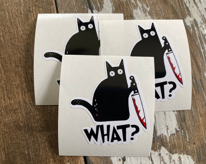 Stickers/what/cat/black cat/cat with knife/funny sticker/humor/decal/cute sticker/vinyl sticker/gifts