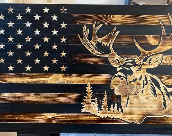 Moose/American Flag/Wood Flag/Rustic Decor/Home Decor/Wall Hanging/Gifts/Gifts for him/Flag/wildlife/mancave/