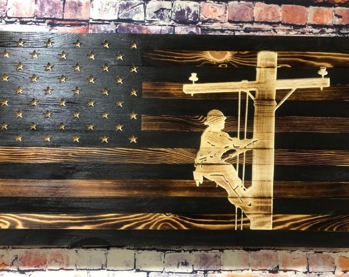 American Made Lineman/Lineman/gifts/Home decor/wall hanging/rustic decor/decor/American Flag/Patriotic/Wood Flag/