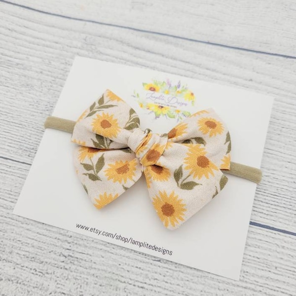 Sunflower Fabric hair bow - hand tied bow - mustard fall flowers - floral bow - baby girl gift - baby headband - baby shower - sunflowers