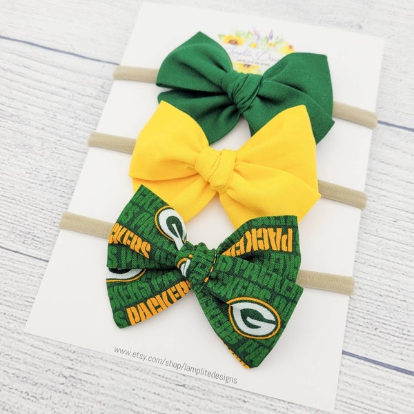 Green Bay Packers set of 3 fabric hair bows - green yellow hair bows - football bow - baby shower gift - toddler child - clips or headbands