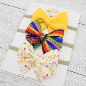 Taco Fiesta hair bow - Cinco de Mayo fabric bow - baby toddler girl bow gift - headband or alligator clip - taco nacho salsa kawaii bow