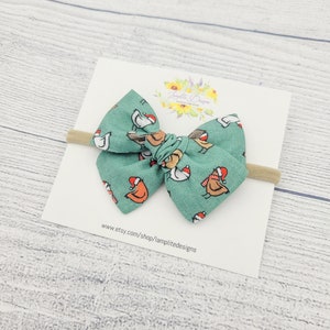 Christmas chickens fabric hair bow - hand tied hair bows - Christmas on the farm - handmade fabric bow - nylon headbands or alligator clips