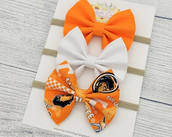 Tennessee Fabric hair bows - set of 3 baby bows - University of Tennessee Volunteers - Vols baby gift - orange and white bow - football bows