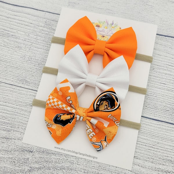 Tennessee Fabric hair bows - set of 3 baby bows - University of Tennessee Volunteers - Vols baby gift - orange and white bow - football bows