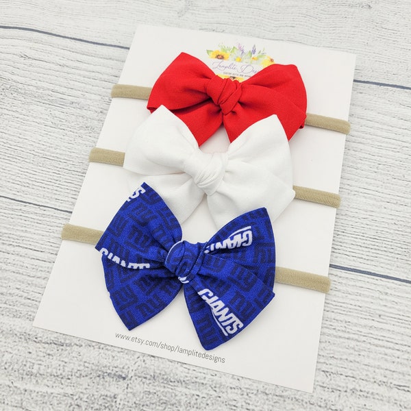 New York Giants set of 3 fabric hair bows - red white blue hair bows - football bow - baby shower gift - toddler child - clips or headbands