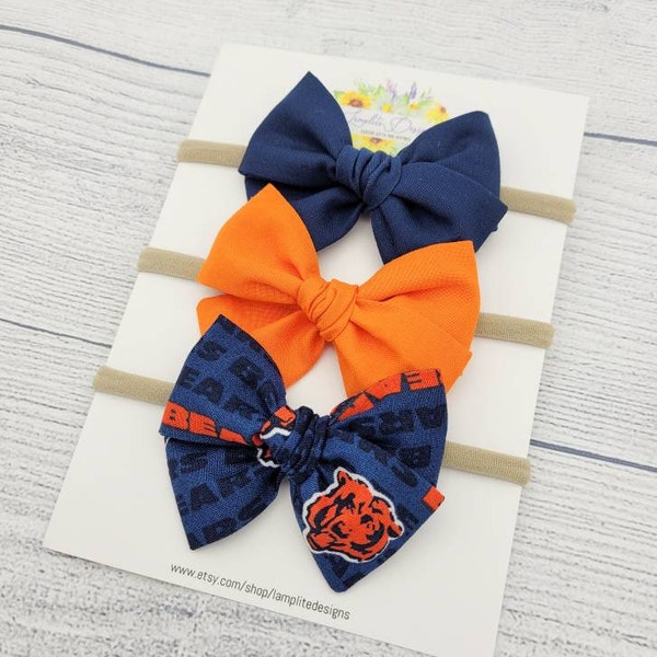 Chicago Bears set of 3 fabric hair bows - orange navy hair bows -  football bow - baby shower gift - toddler child - clips or headbands