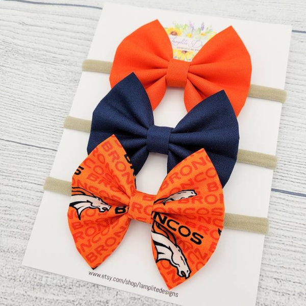 Denver Broncos set of 3 fabric hair bows - orange navy hair bows -  football bow - baby shower gift - toddler child - clips or headbands