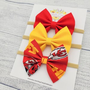 Kansas City Chiefs set of 3 fabric hair bows - red yellow hair bows - football bow - baby shower gift - toddler child - clips or headbands