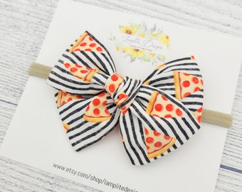 Pizza Party hair bow - Pizza fabric bow - baby toddler girl bow gift - headband or alligator clip - pizza slices - pizza birthday party
