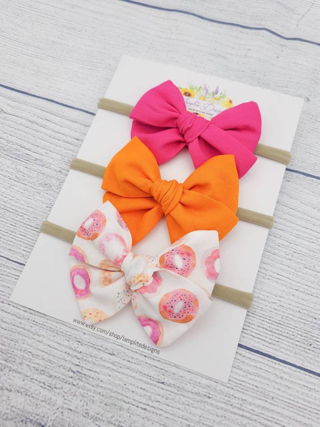 Donut Shop Set of 3 Baby Bows Baby Headbands Pink Orange Dunkin Donuts
