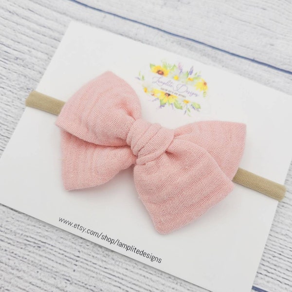 Soft Pink Linen Fabric hair bow - linen hair bow - hand tied bows - baby headbands - blush pink bow - toddler girl gift - baby girl bow
