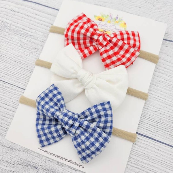 Red White and Blue hair bows - set of 3 - red bandana - gingham - black - baby toddler child - baby headband - gingham bow - 4th of July bow