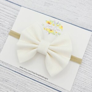 Soft Ivory Fabric hair bow - blue hair bow - hand tied bows - baby headbands -  baby shower gift - toddler girl gift - baby girl bow