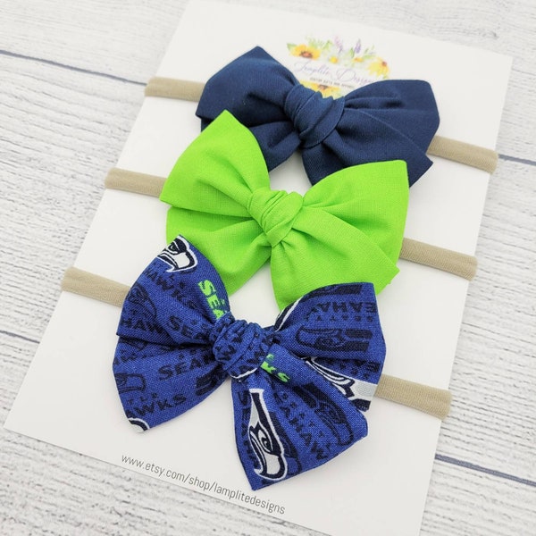 Seattle Seahawks set of 3 fabric hair bows - navy lime hair bows - football bow - baby shower gift - toddler child - clips or headbands