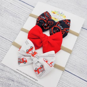 Firefighter Set of 3 Hair Bows - red line - fire truck fabric bow - red bow - baby shower gift - baby headbands - hand tied bows - FD