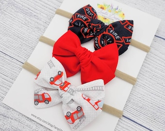 Firefighter Set of 3 Hair Bows - red line - fire truck fabric bow - red bow - baby shower gift - baby headbands - hand tied bows - FD