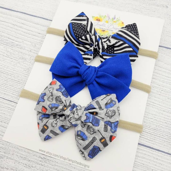 Police Officer Set of 3 Hair Bows - blue line - police car fabric bow - blue hair bow - baby shower gift - baby headbands - hand tied bows